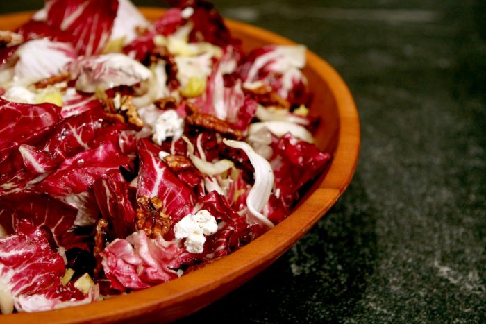 red and white salad with candied pecans figs and chevre goat cheese